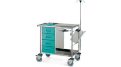 STAINLESS STEEL TROLLEY WITH 4 DRAWERS AND TWO SHELVES COMPLETE WITH ACCESSORIES